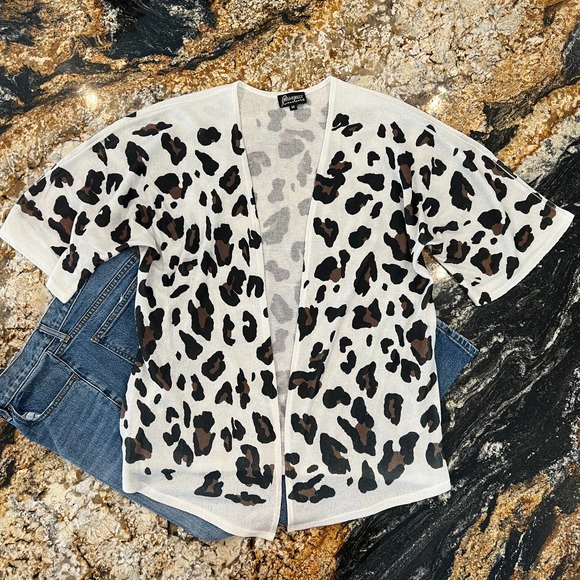 Gameday Couture Sweaters - Gameday Couture White/Ivory W/Leopard Print Short Sleeve Open Cardigan -MEDIUM